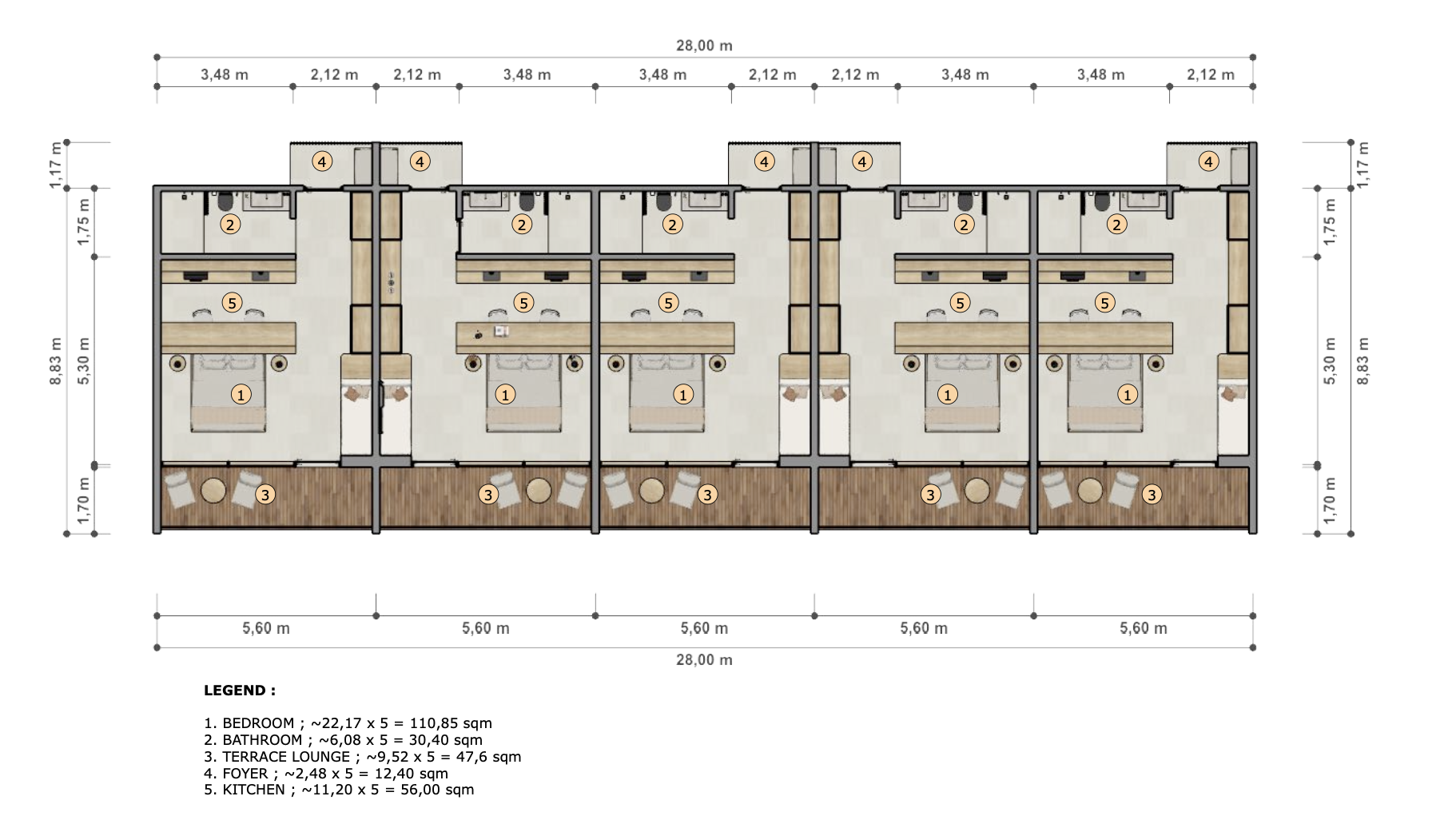 Studio floor plan, five-unit row with 5.60 m frontage per studio