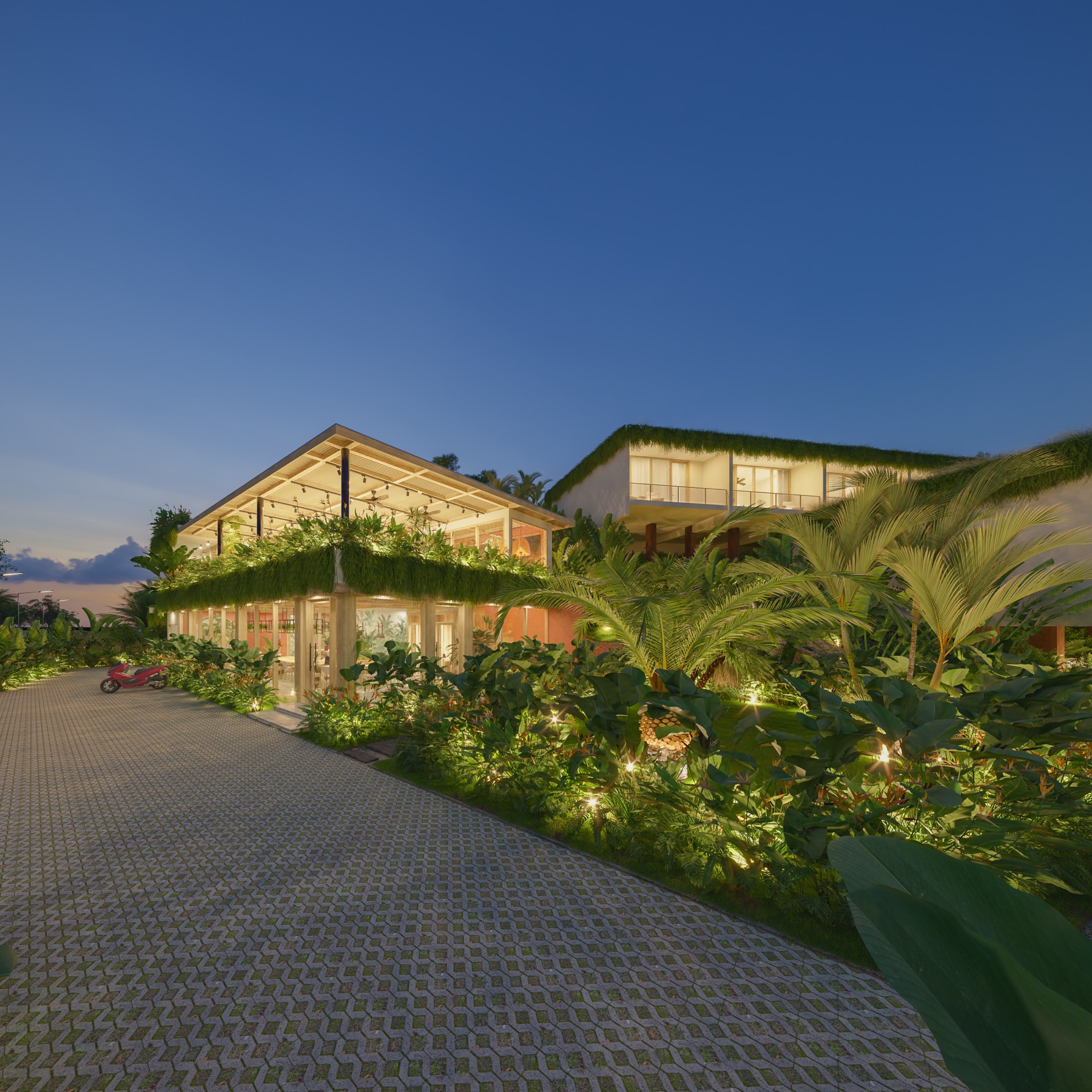 Resort arrival and café building at dusk