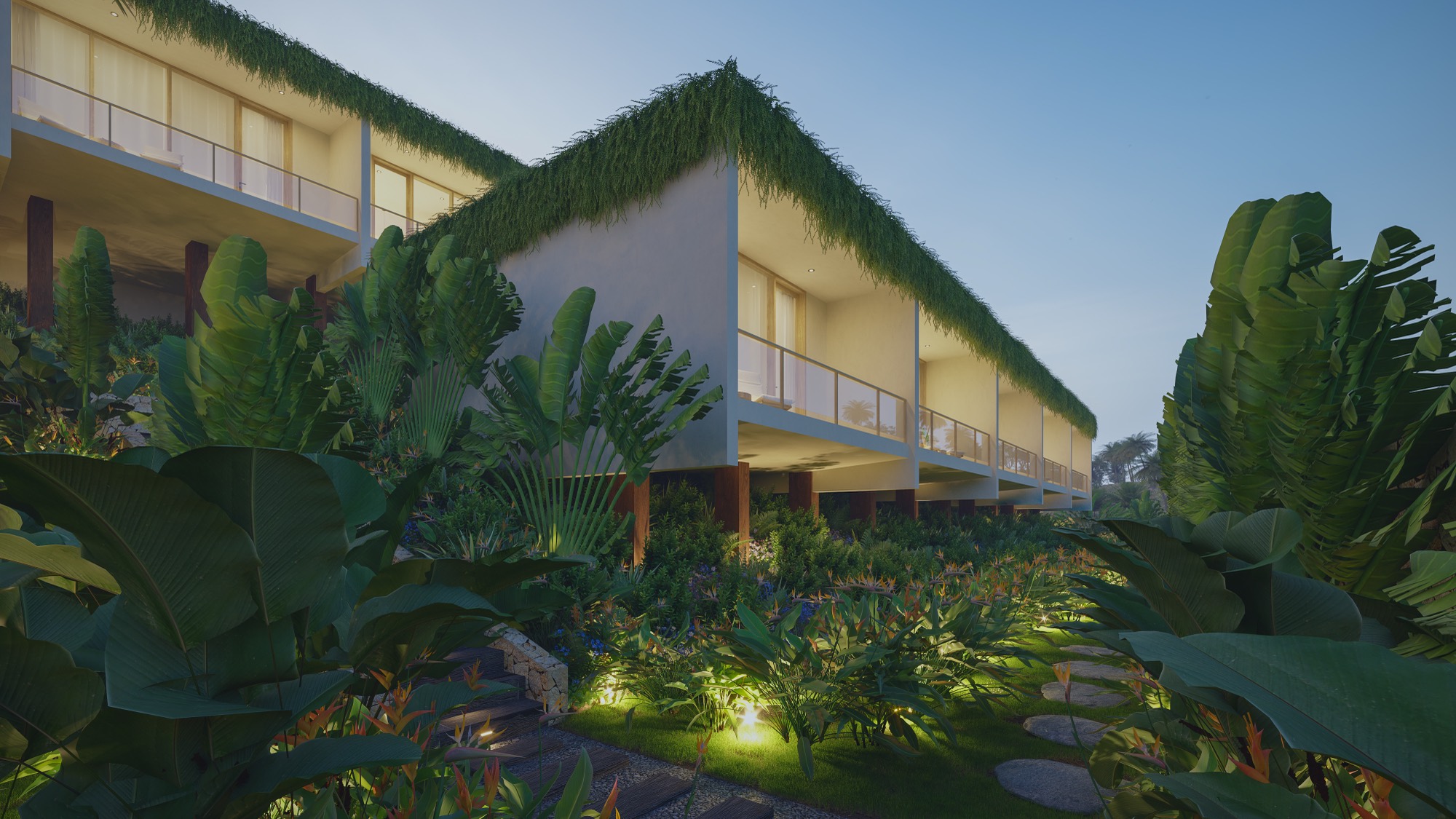 Studio rows above the tropical gardens at dusk