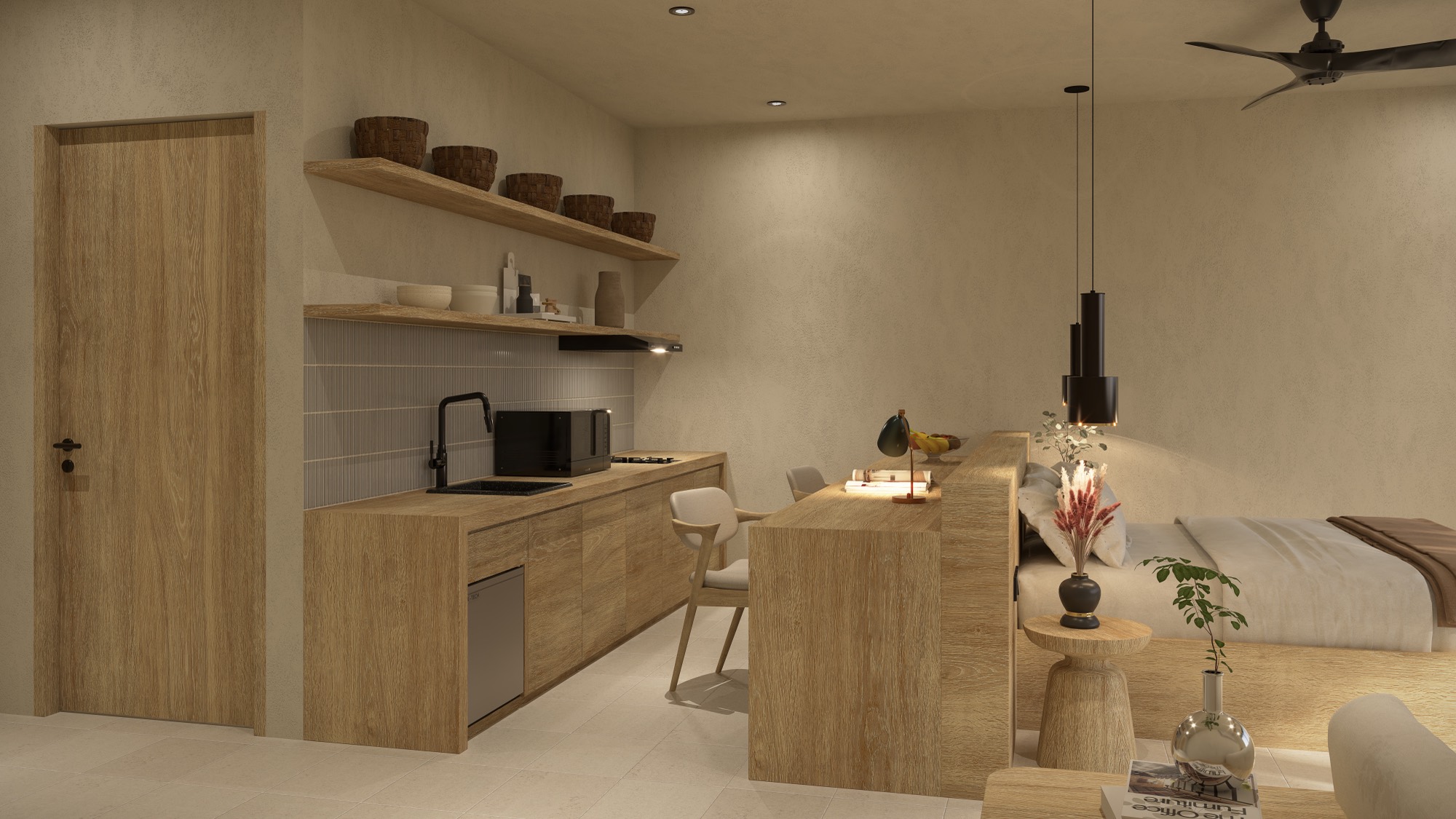 Studio kitchenette and workspace